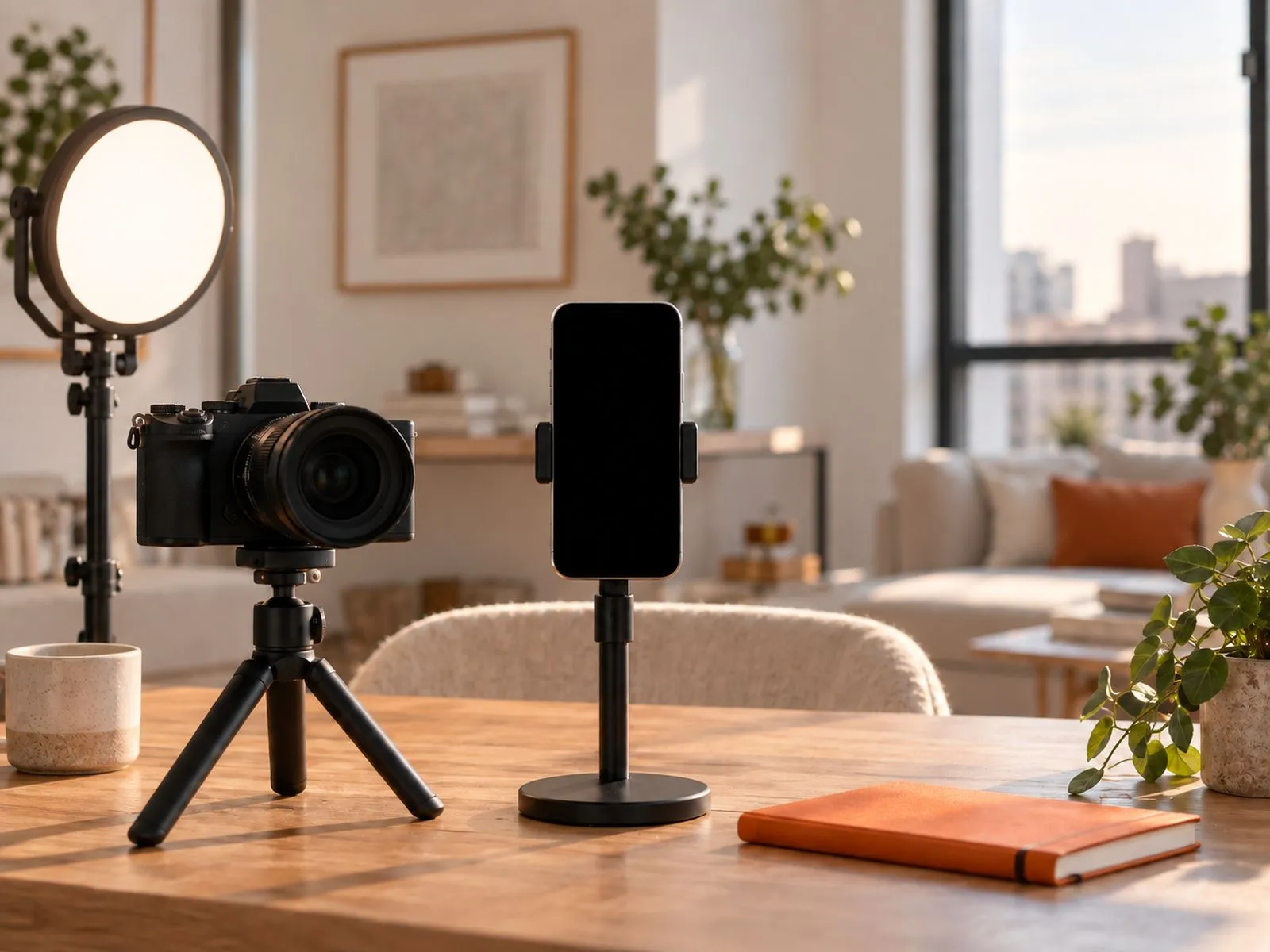 A creator's desk with a phone showing a link-in-bio page