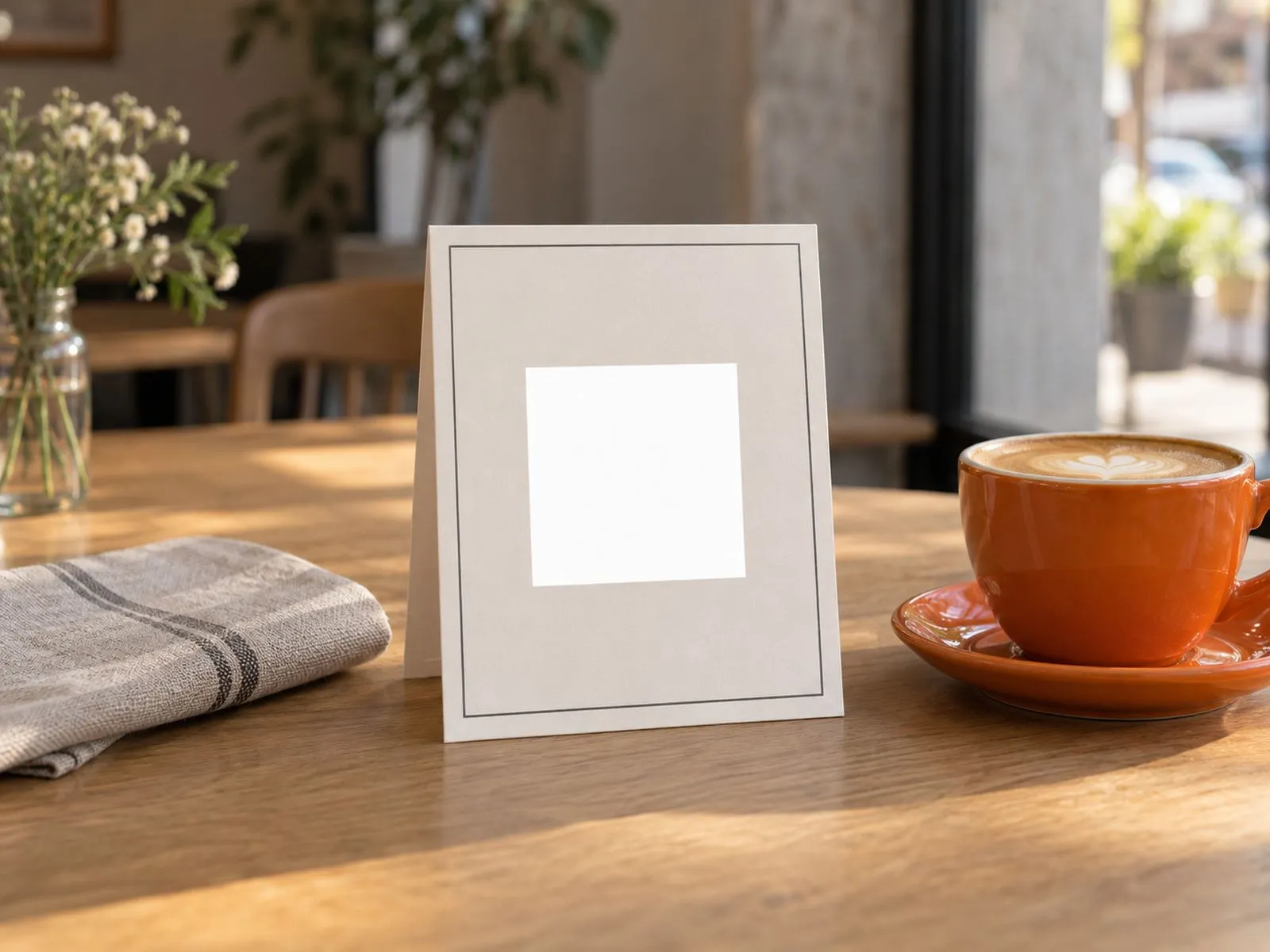 A café table card with a URX QR code