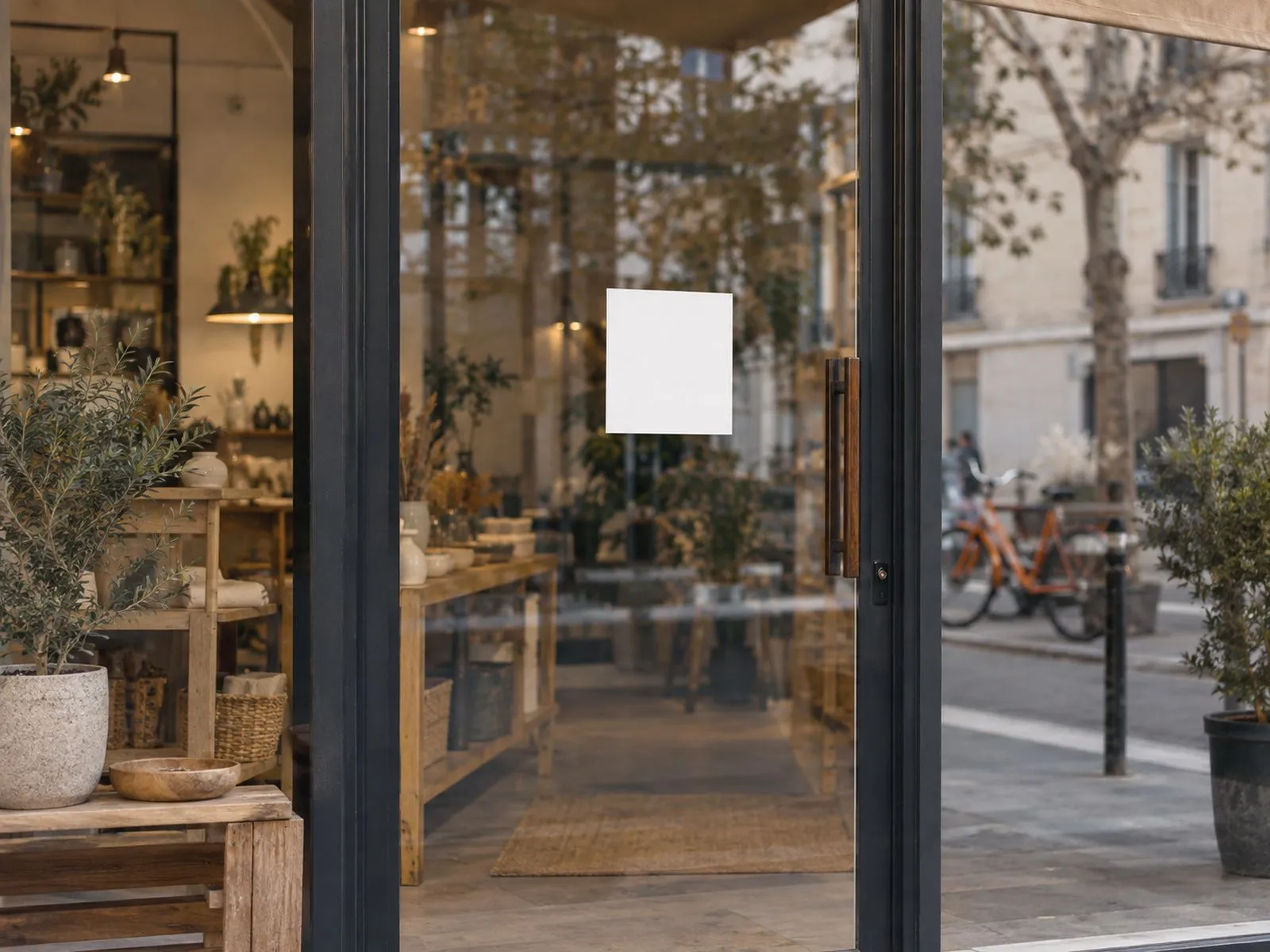 A shop door with a URX QR sticker